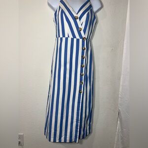 Blue and White V-Neck Sleeveless Midi Sundress